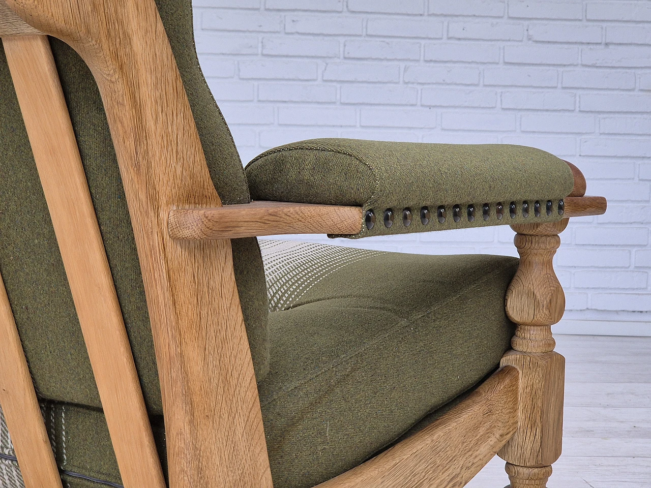 Danish wool and solid oak armchair, 1970s 16