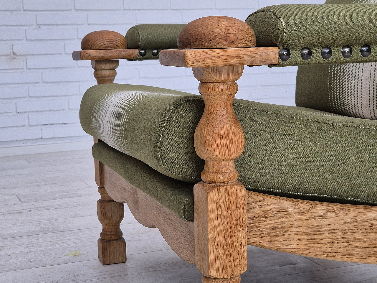 Danish wool and solid oak armchair, 1970s 17