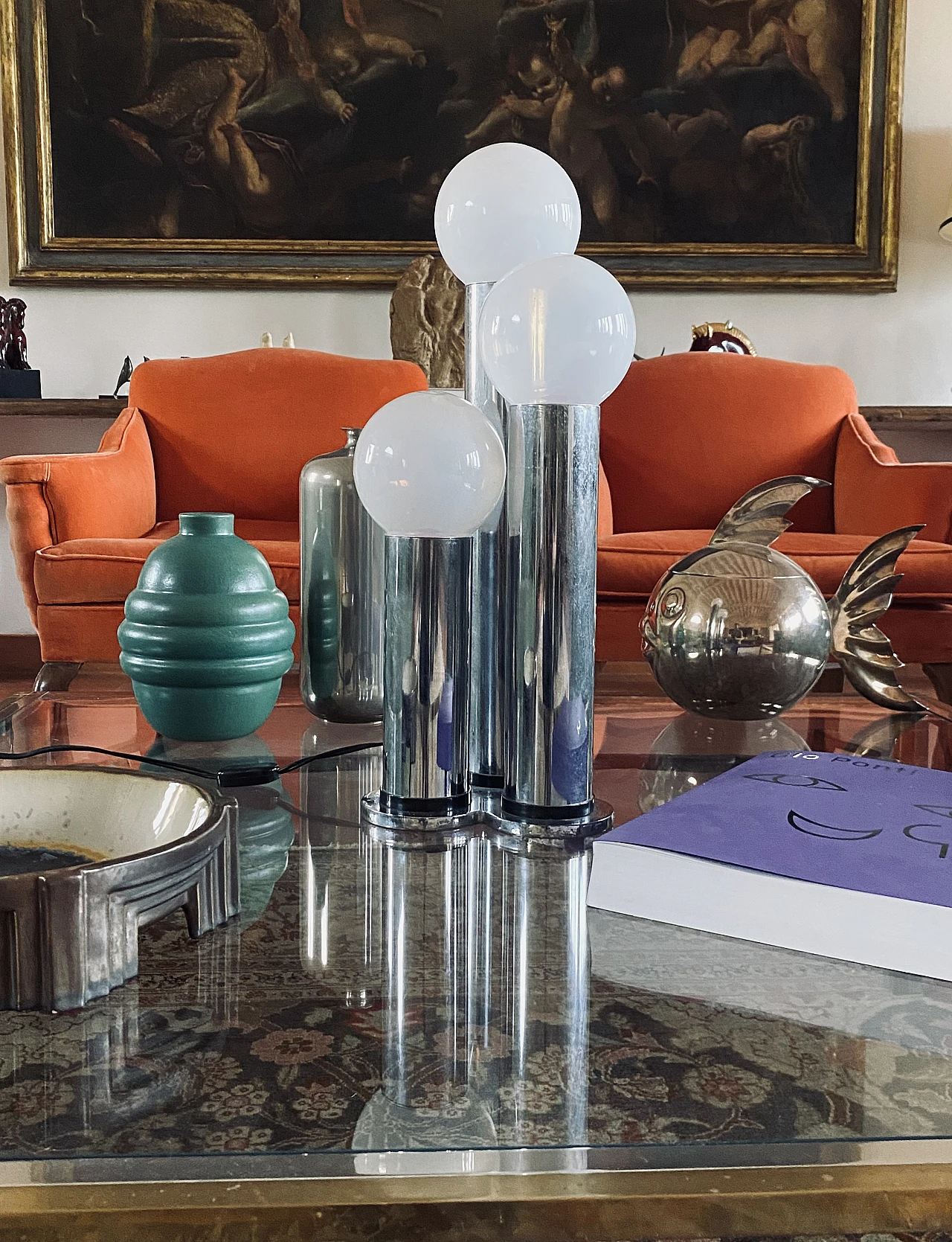 Metal and opaline glass table lamp by Lama, 1970s 4