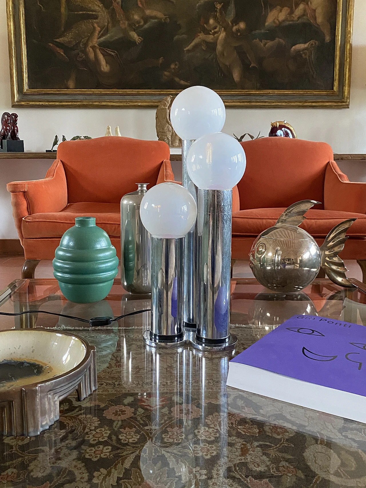 Metal and opaline glass table lamp by Lama, 1970s 5