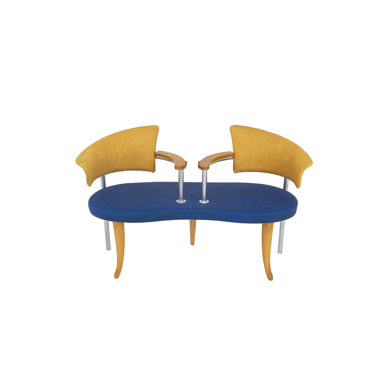 Divano in metallo, frassino e finta pelle gialla e blu, anni '80 2
