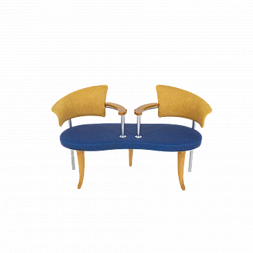 Divano in metallo, frassino e finta pelle gialla e blu, anni '80