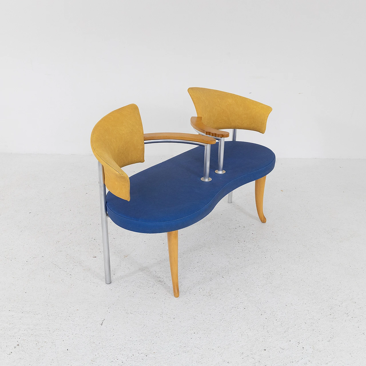 Divano in metallo, frassino e finta pelle gialla e blu, anni '80 3