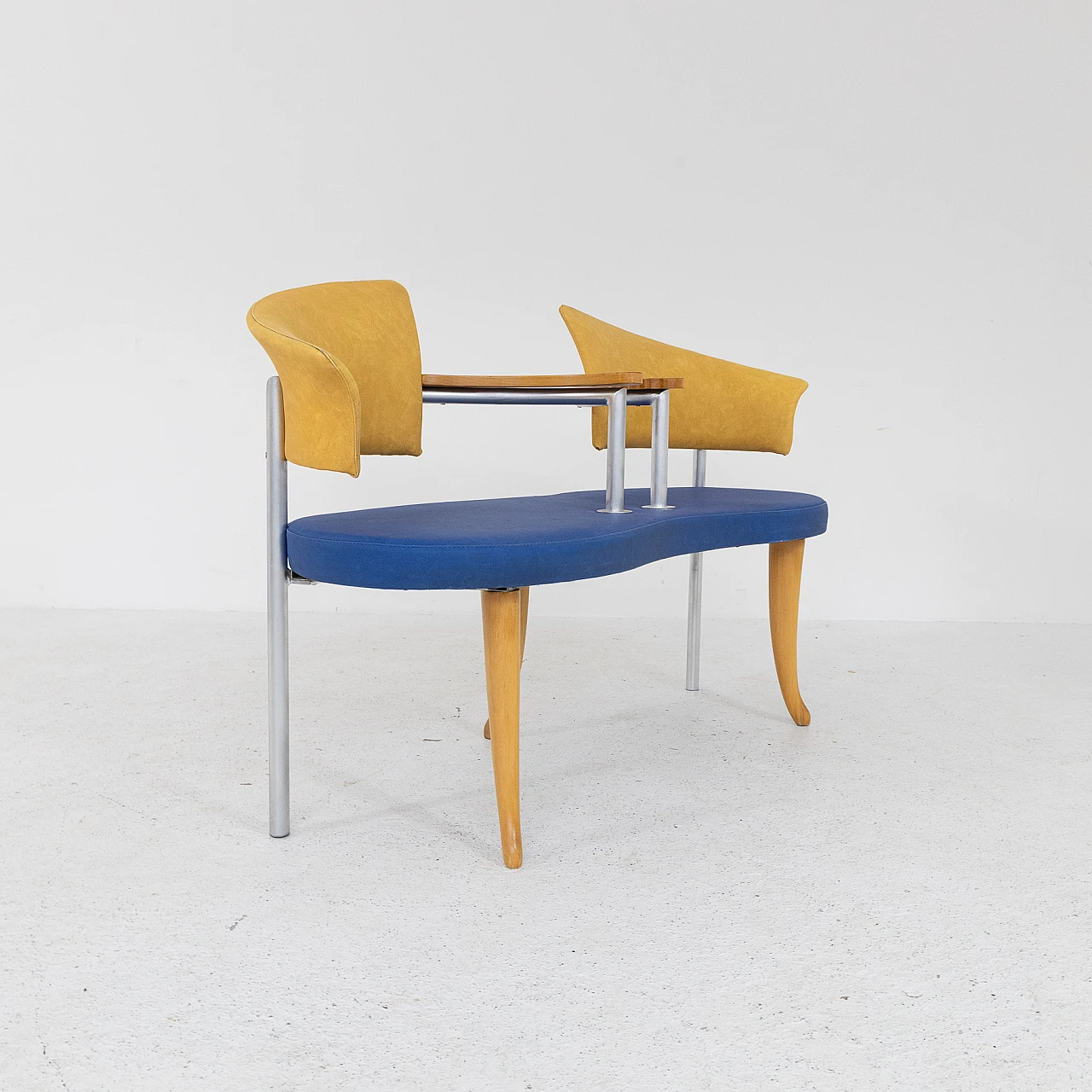 Divano in metallo, frassino e finta pelle gialla e blu, anni '80 4
