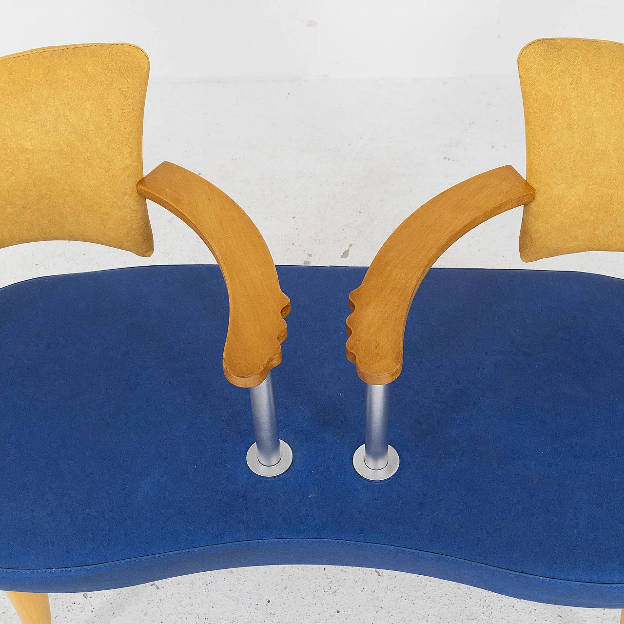 Divano in metallo, frassino e finta pelle gialla e blu, anni '80 5