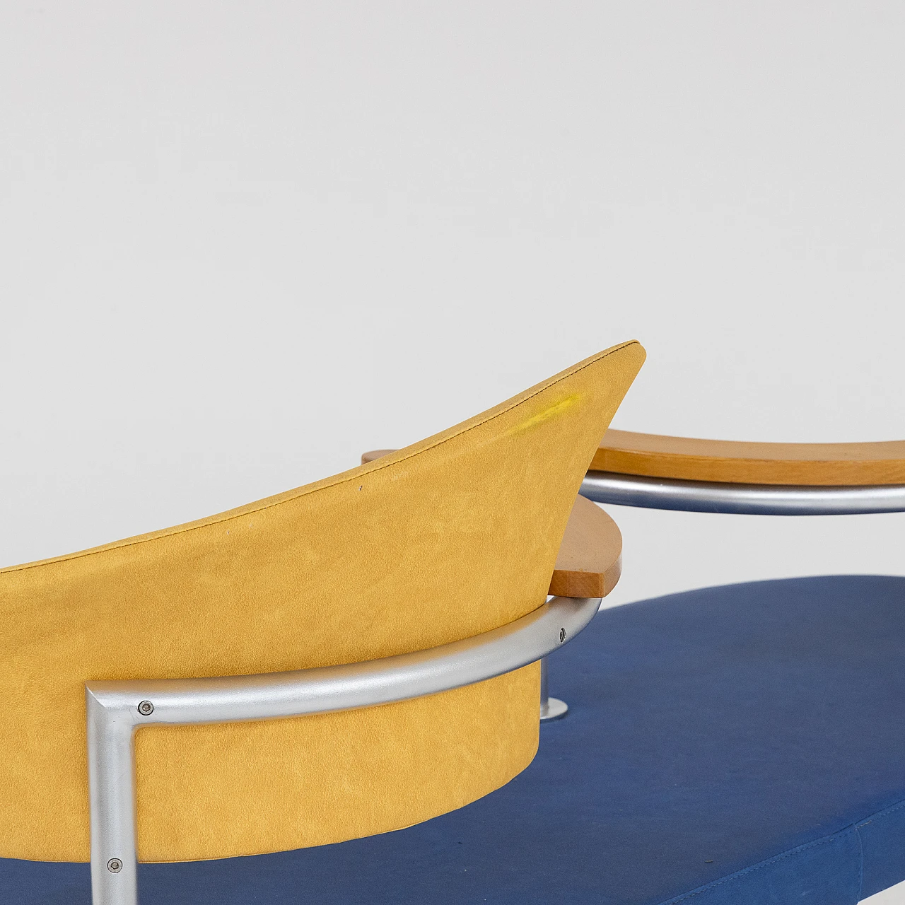 Divano in metallo, frassino e finta pelle gialla e blu, anni '80 8