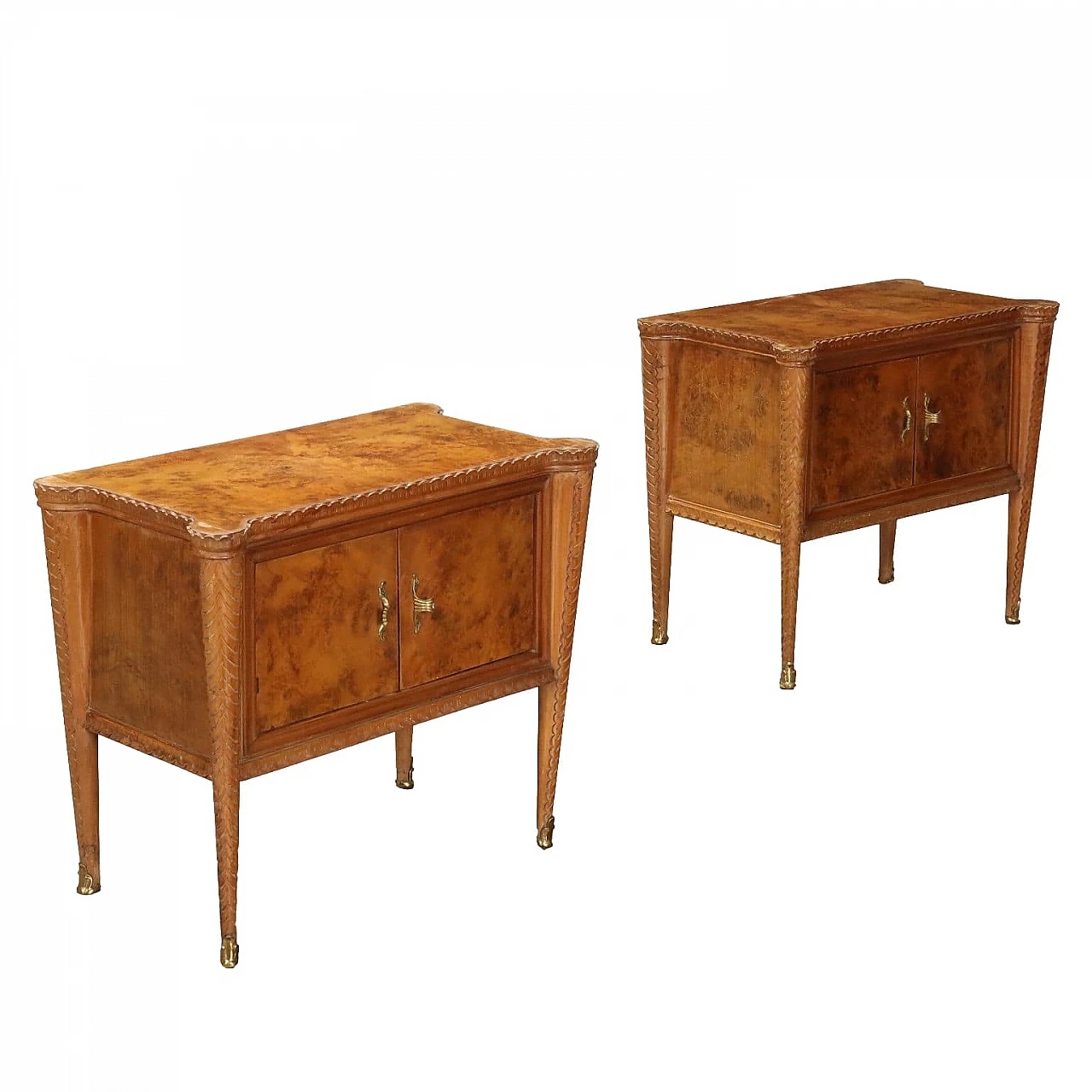 Pair of burl nightstands with hinged doors, 1950s 1