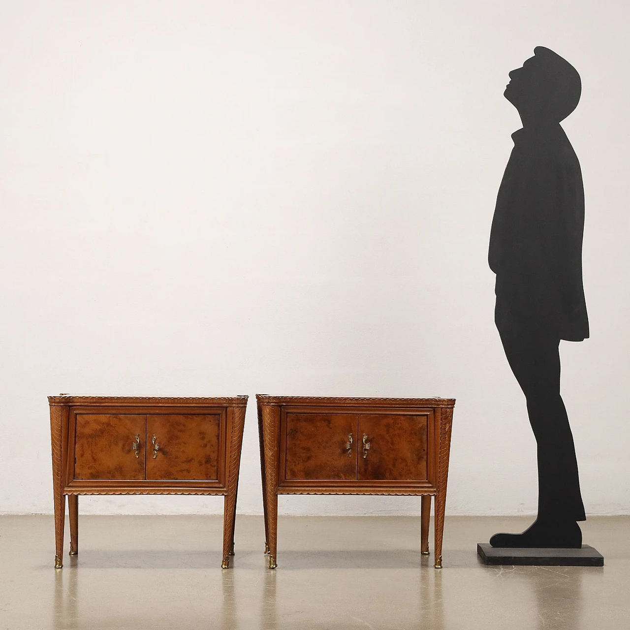 Pair of burl nightstands with hinged doors, 1950s 2