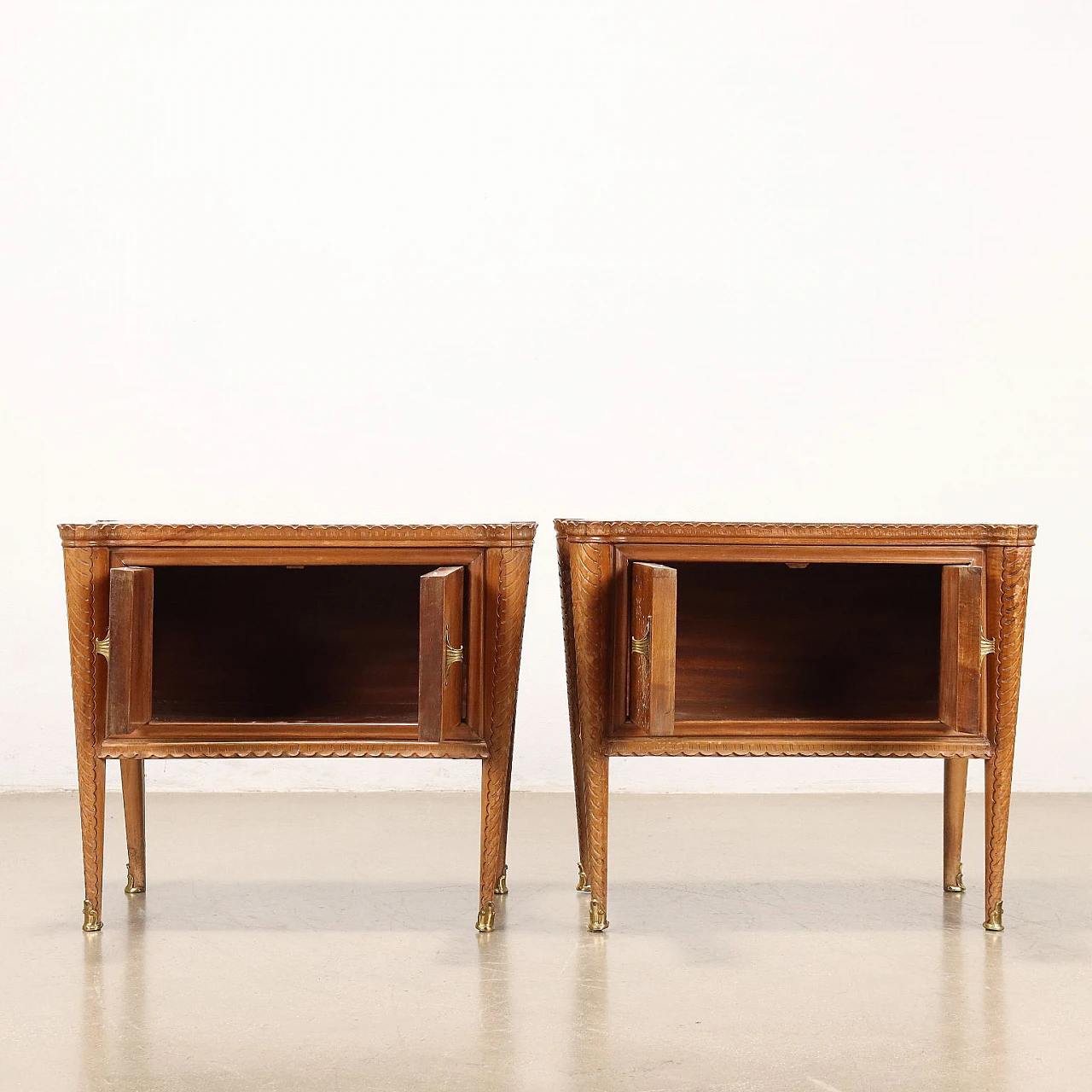 Pair of burl nightstands with hinged doors, 1950s 3