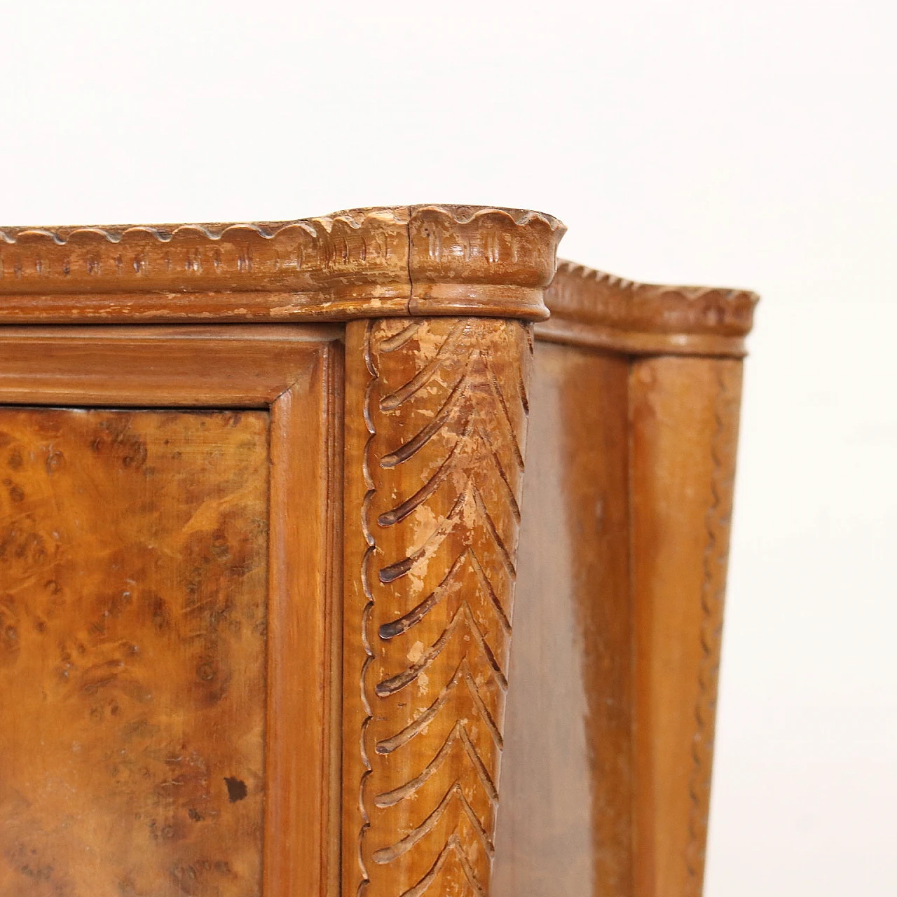 Pair of burl nightstands with hinged doors, 1950s 4