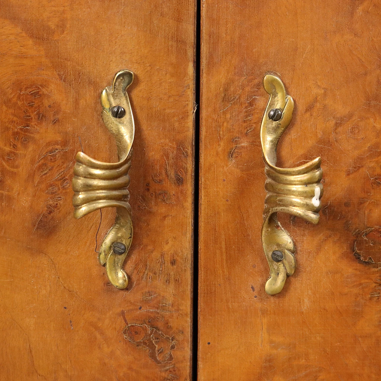 Pair of burl nightstands with hinged doors, 1950s 6