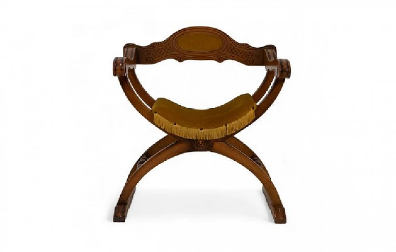 Savonarola chair in wood and seat in mustard fabric, 1970s 1