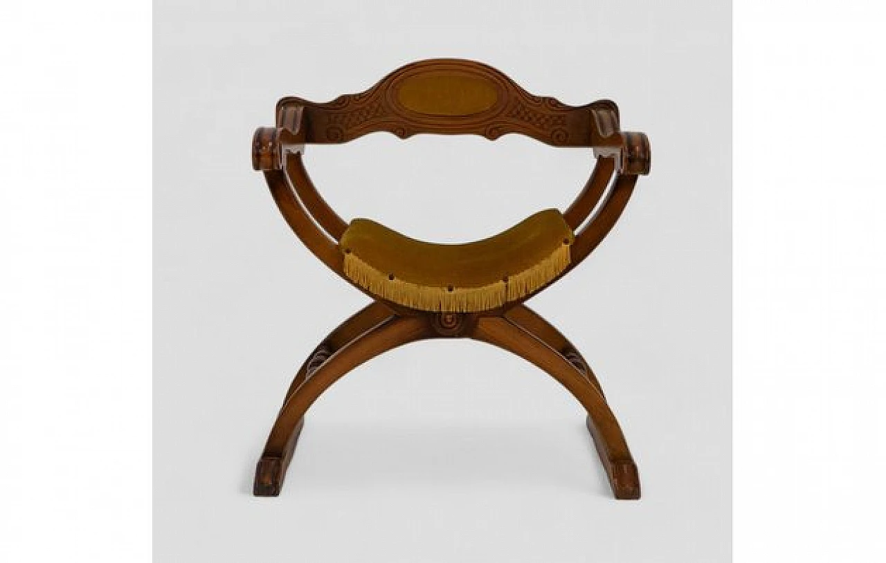 Savonarola chair in wood and seat in mustard fabric, 1970s 2