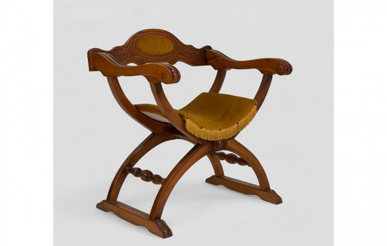Savonarola chair in wood and seat in mustard fabric, 1970s 3