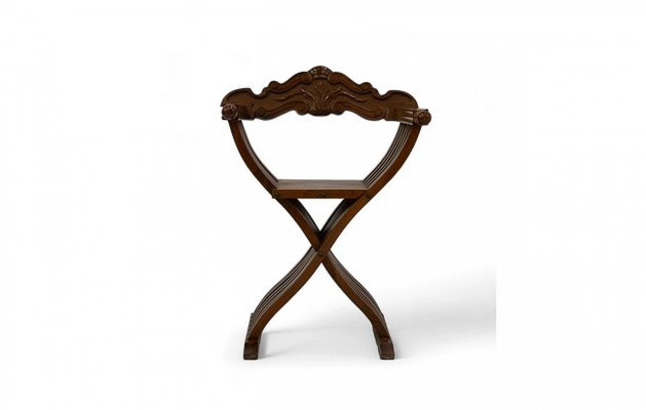 Sedia Savonarola in legno con intagli, anni '60 1