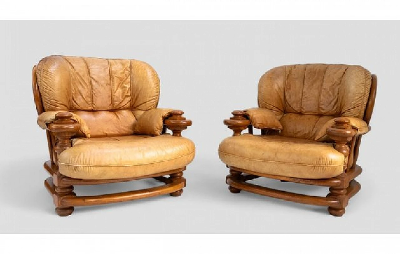 Pair of armchairs in wood and beige leather, 1970s 3