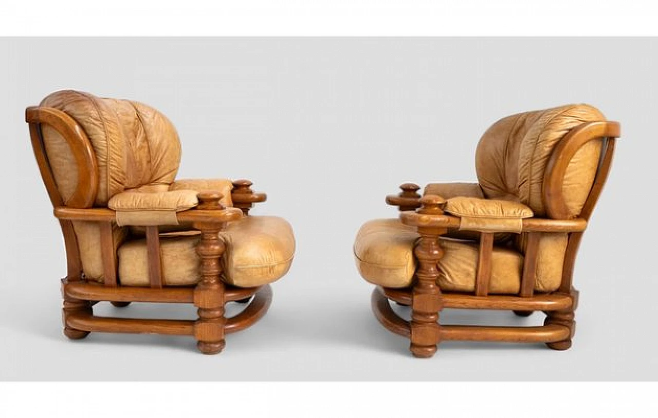 Pair of armchairs in wood and beige leather, 1970s 4