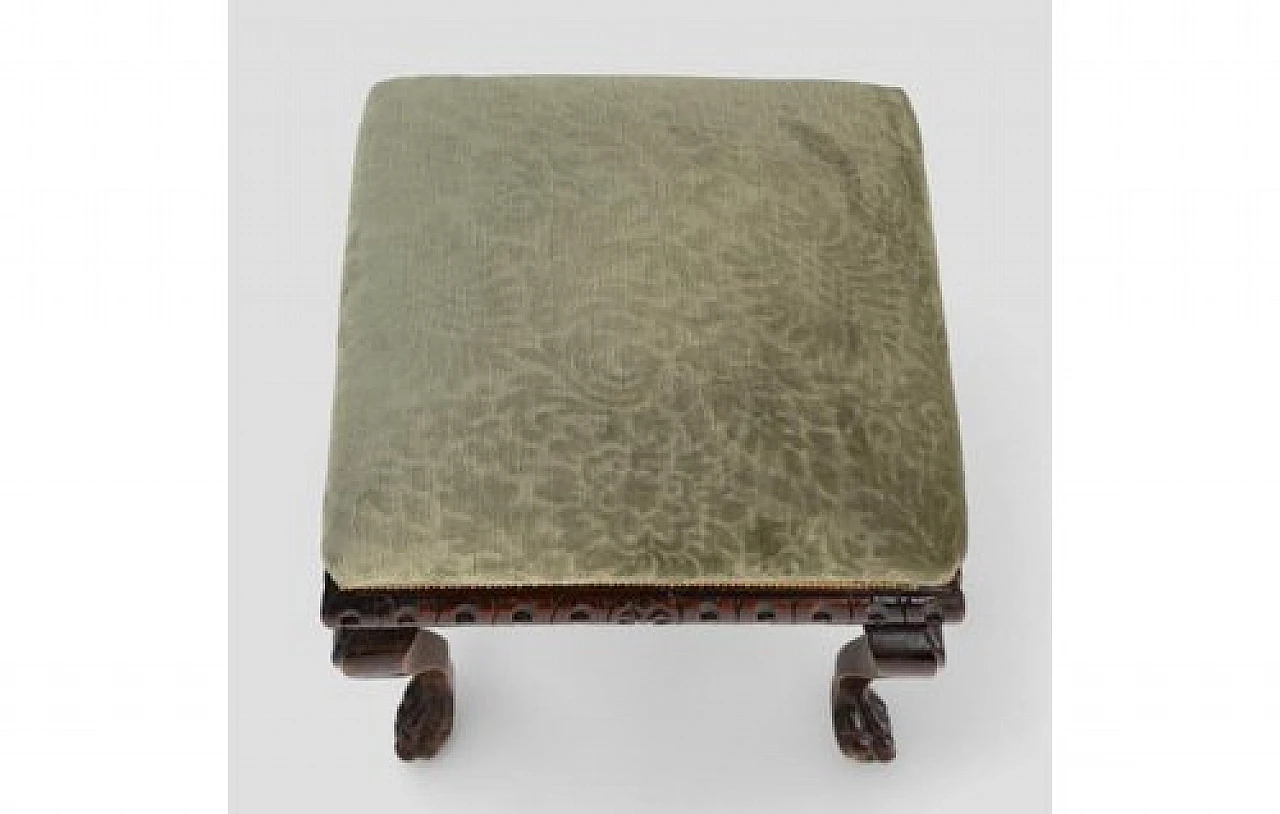 Stool in carved wood with seat in green fabric, 1970s 5