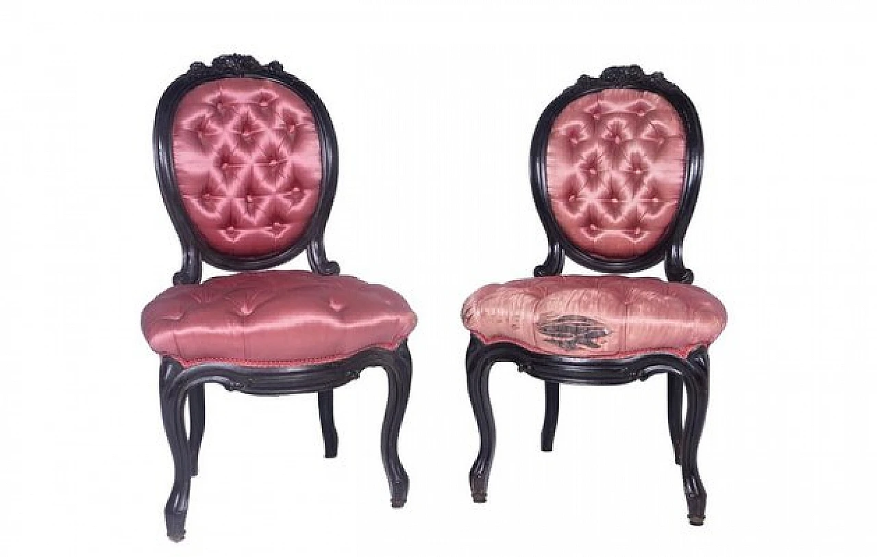 Pair of armchairs in painted wood and pink silk, 1960s 1