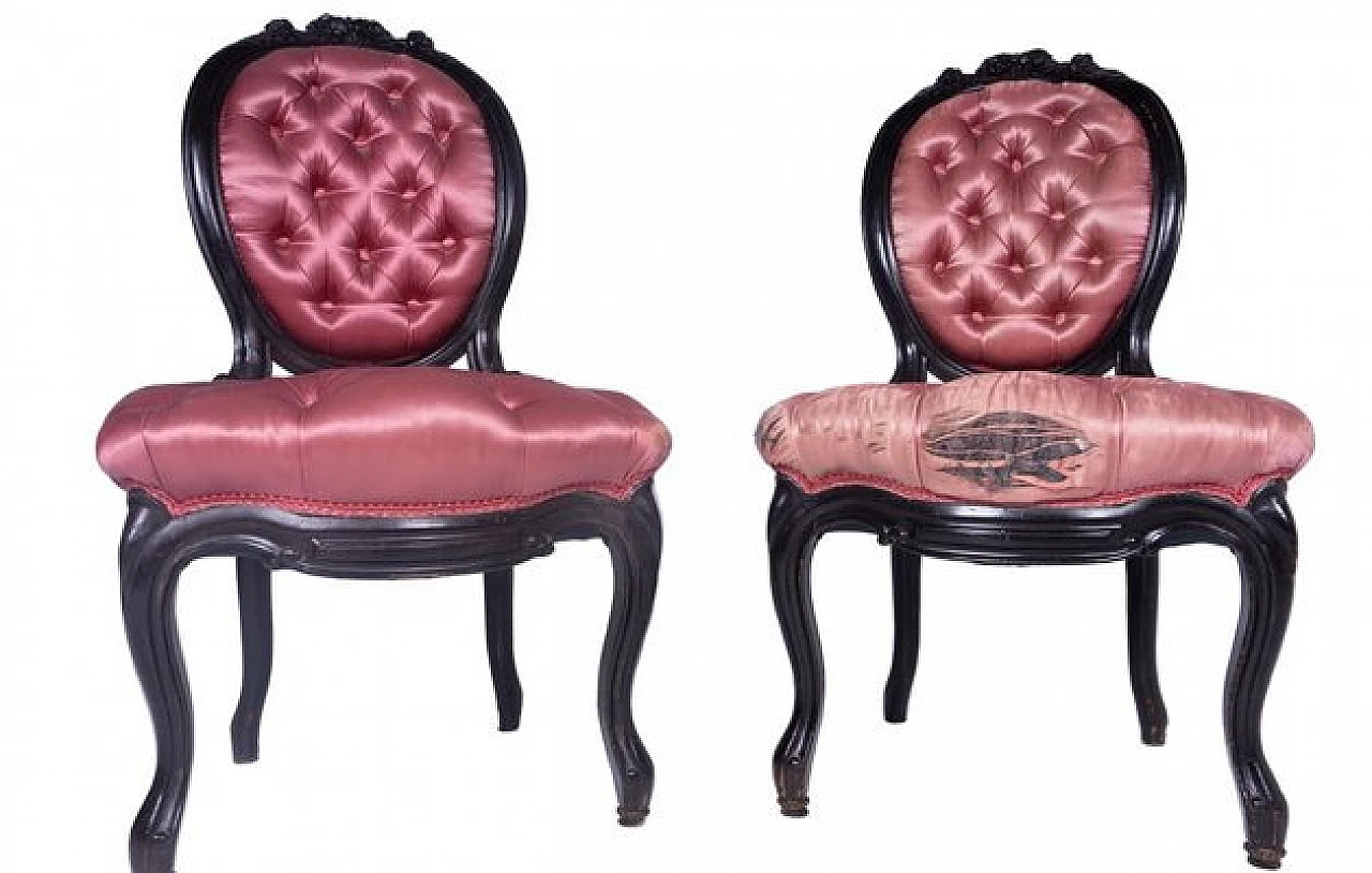 Pair of armchairs in painted wood and pink silk, 1960s 2