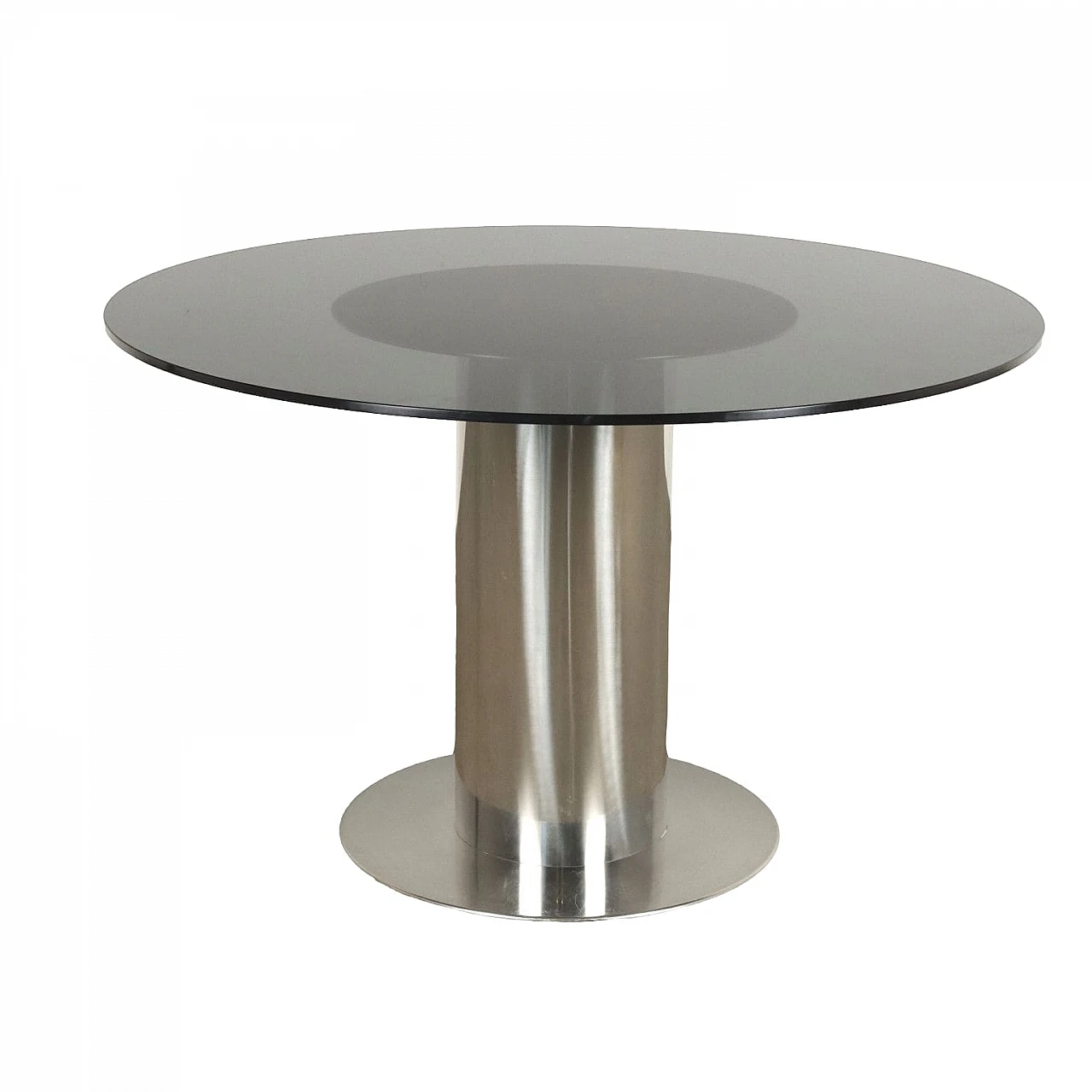 Table with chrome-plated metal and aluminium base and smoked glass top, 1970s 1