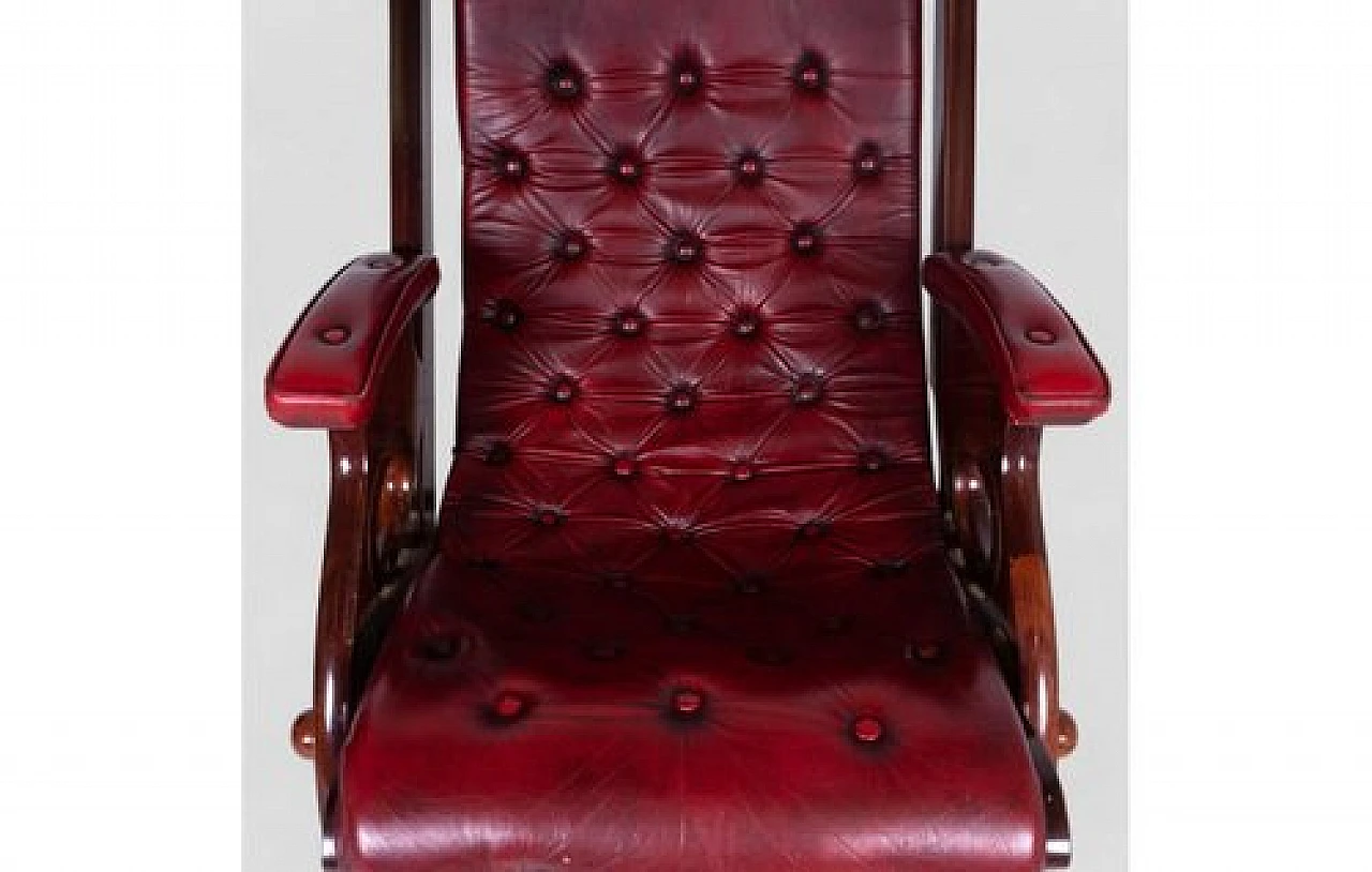 Reclining armchair and footrest in mahogany & burgundy leather 10