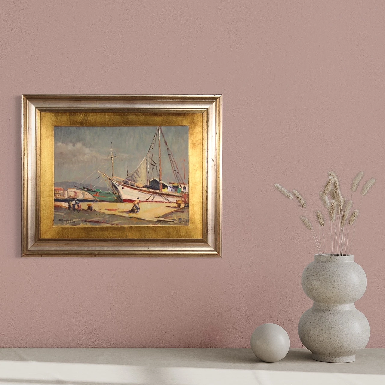 Dipinto ad olio su tavoletta di paesaggio marittimo, anni '60 1445387