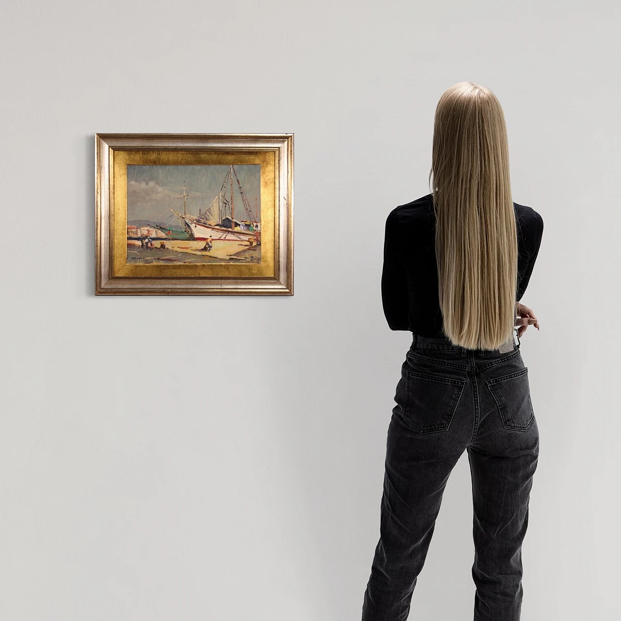 Dipinto ad olio su tavoletta di paesaggio marittimo, anni '60 1445388