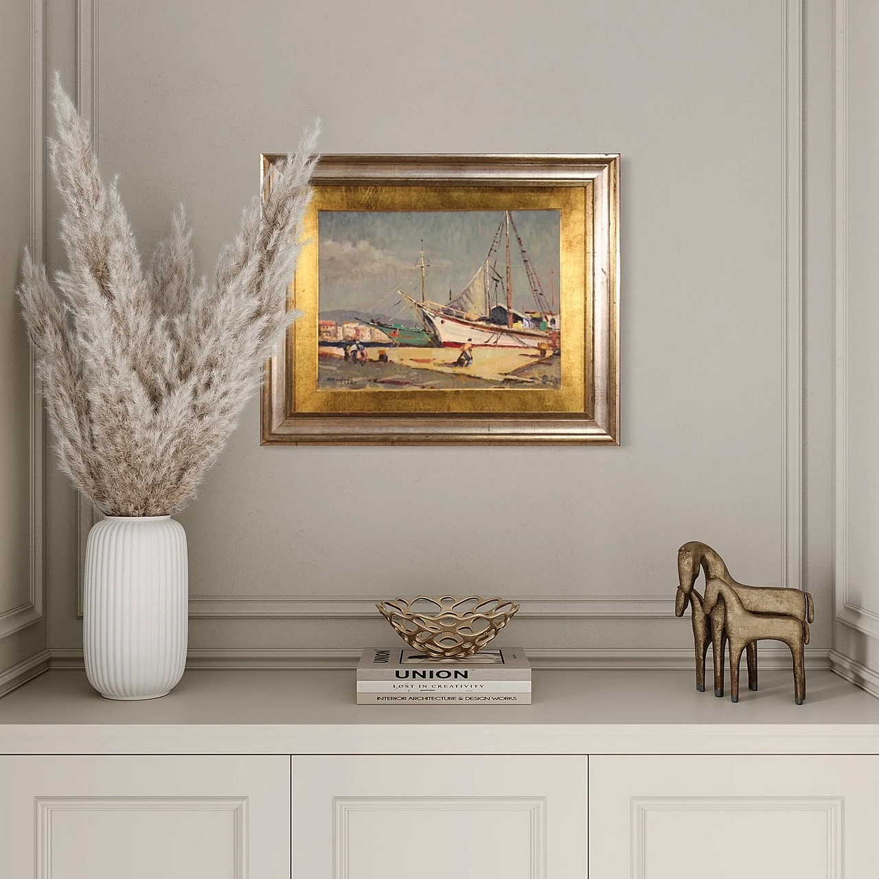 Dipinto ad olio su tavoletta di paesaggio marittimo, anni '60 1445390