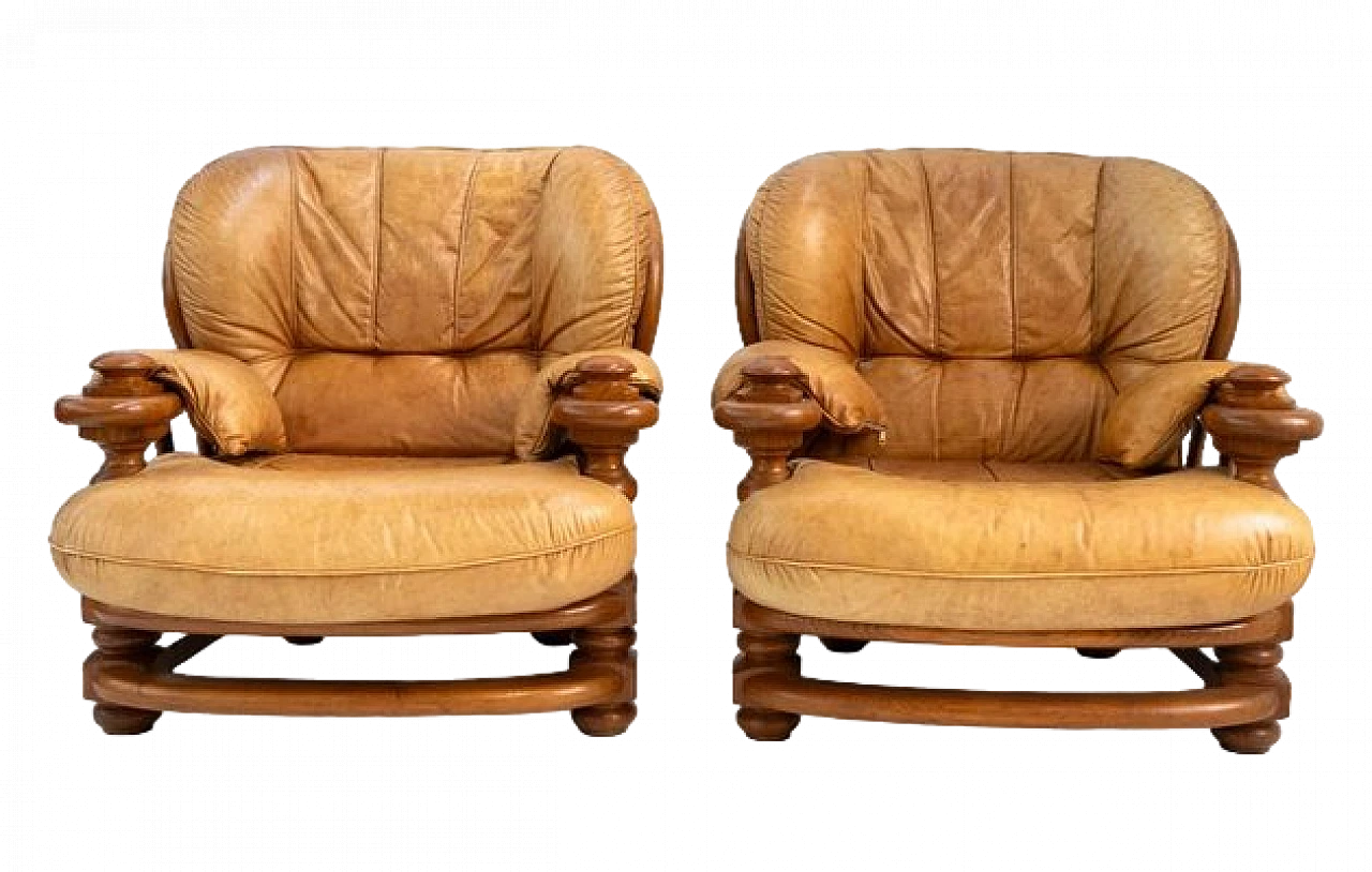 Pair of armchairs in wood and beige leather, 1970s 8