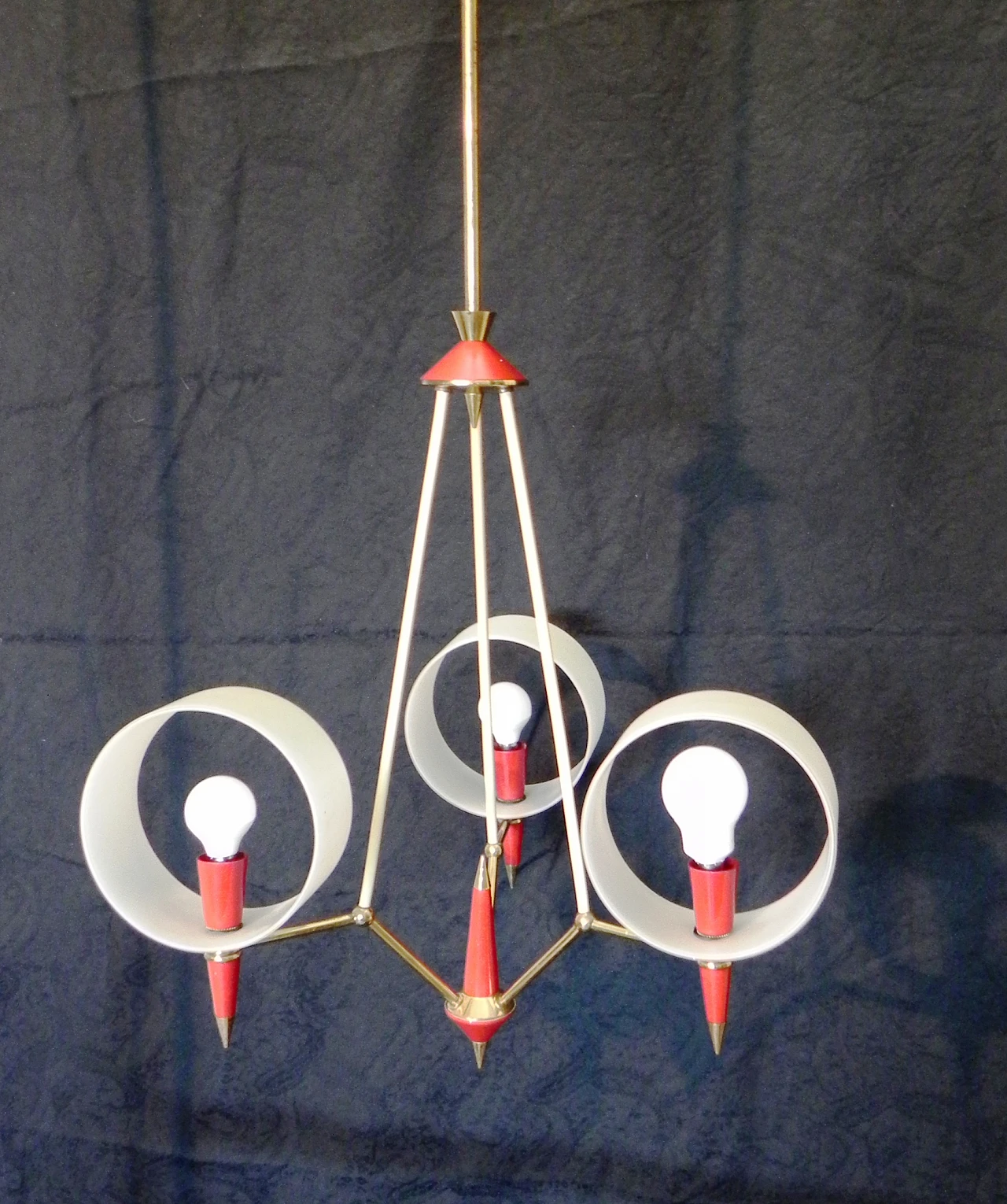 Space Age brass, red plastic and glass chandelier, 1970s 1