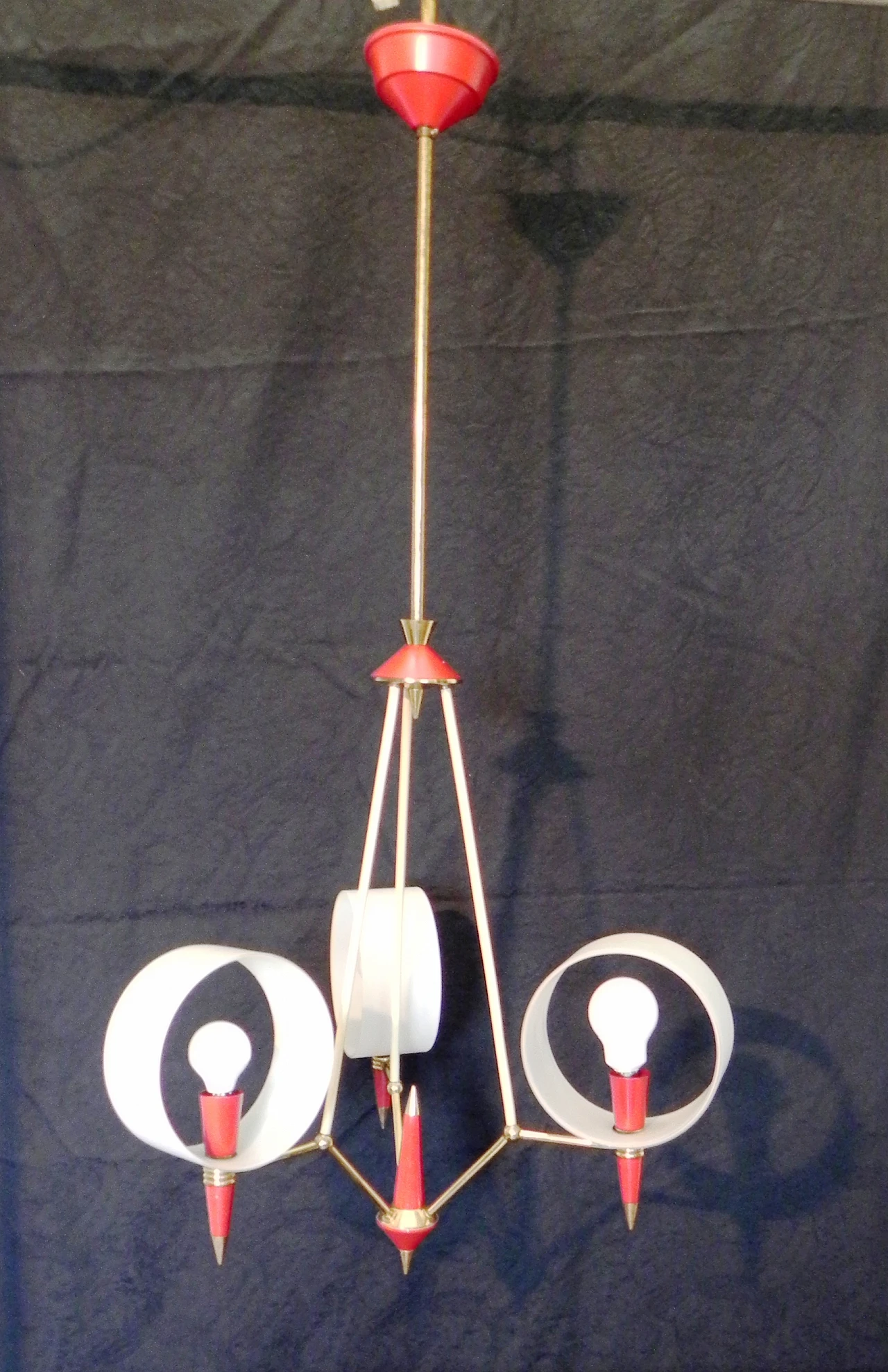 Space Age brass, red plastic and glass chandelier, 1970s 2