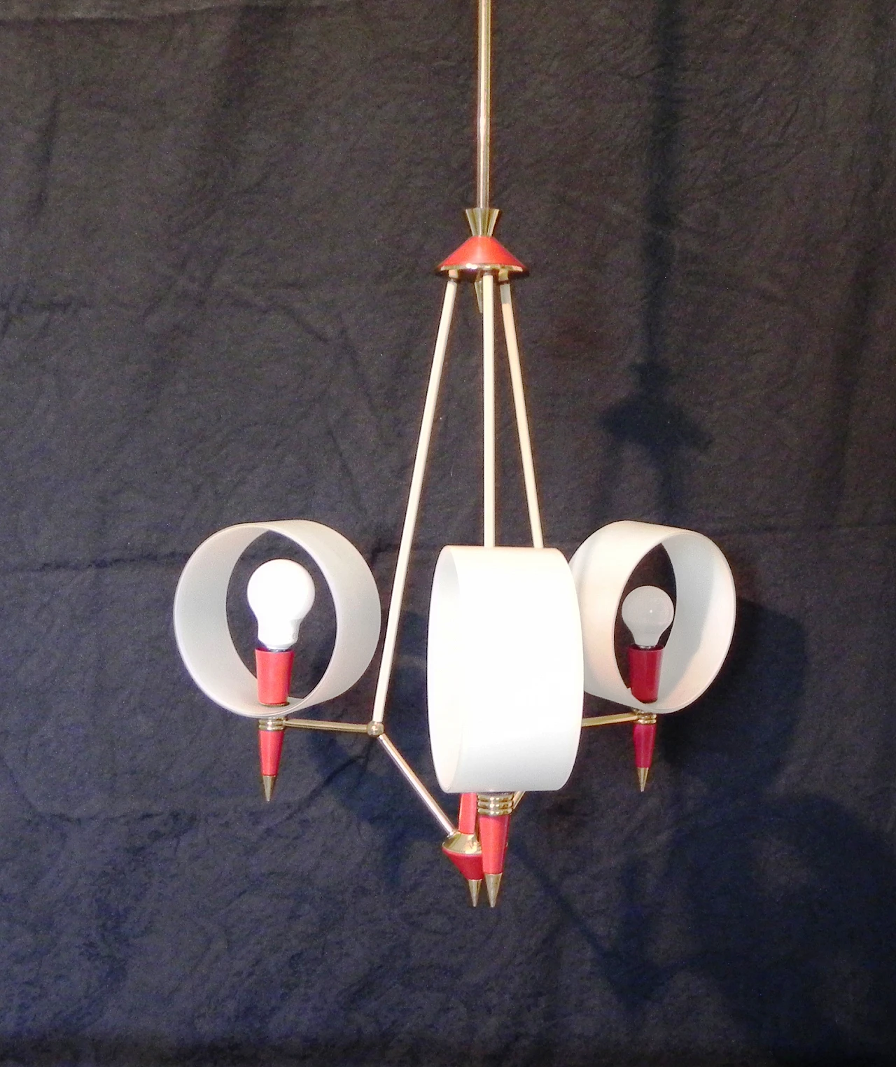 Space Age brass, red plastic and glass chandelier, 1970s 3