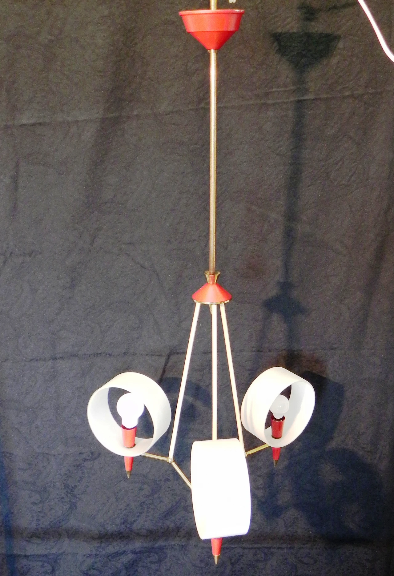 Space Age brass, red plastic and glass chandelier, 1970s 4
