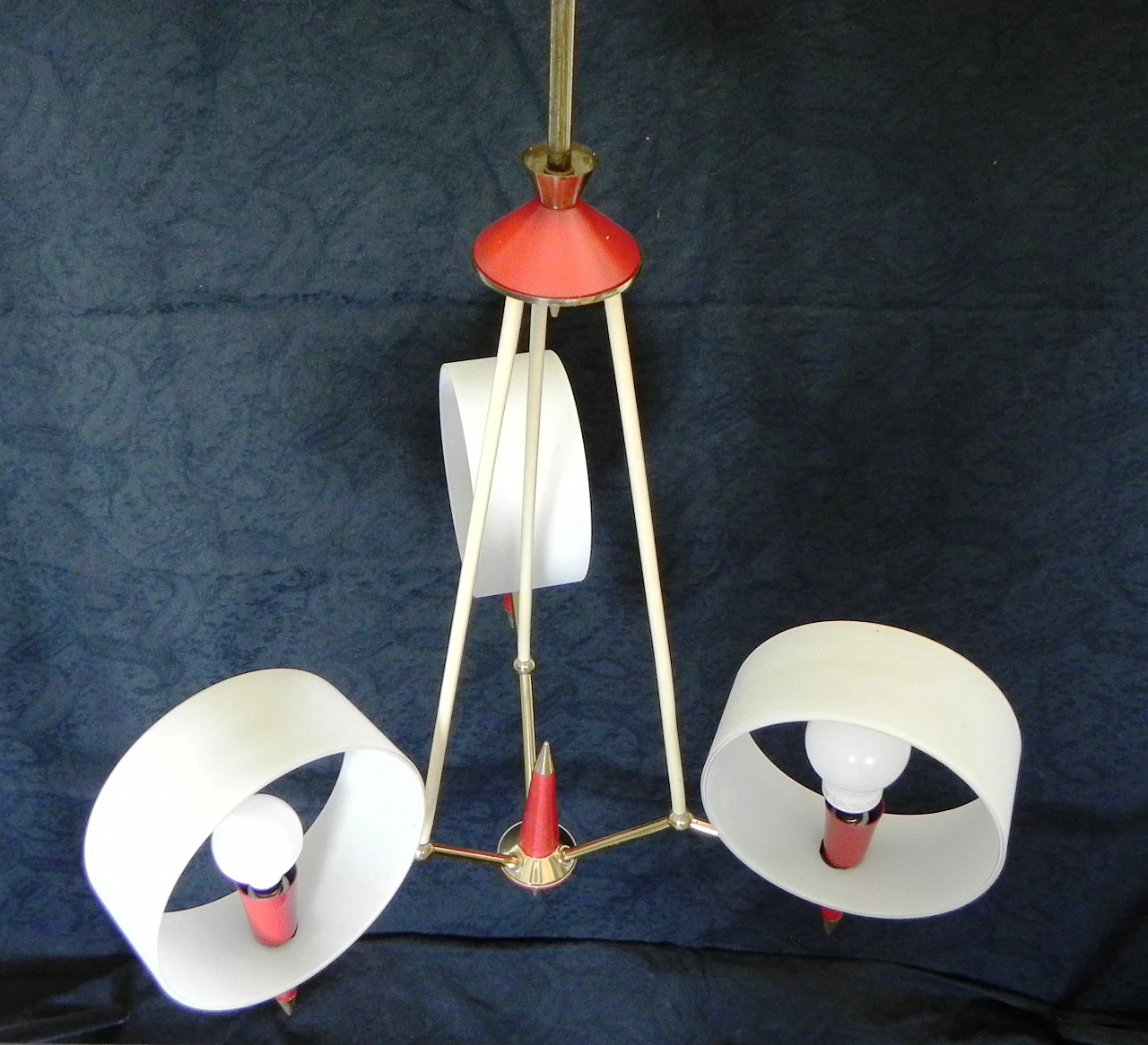 Space Age brass, red plastic and glass chandelier, 1970s 5