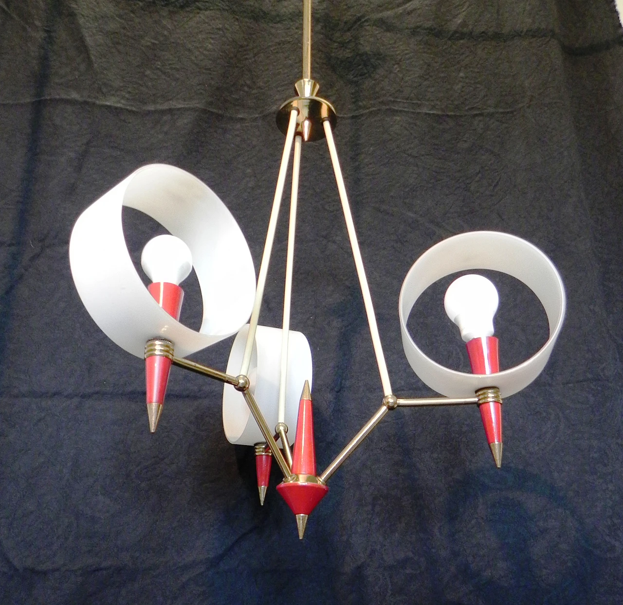 Space Age brass, red plastic and glass chandelier, 1970s 6