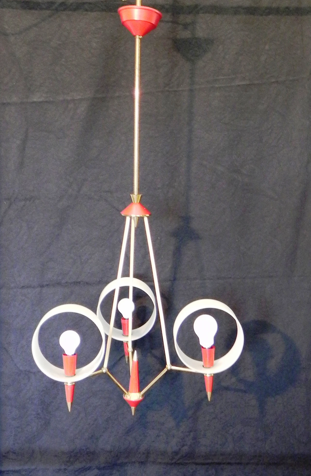 Space Age brass, red plastic and glass chandelier, 1970s 7