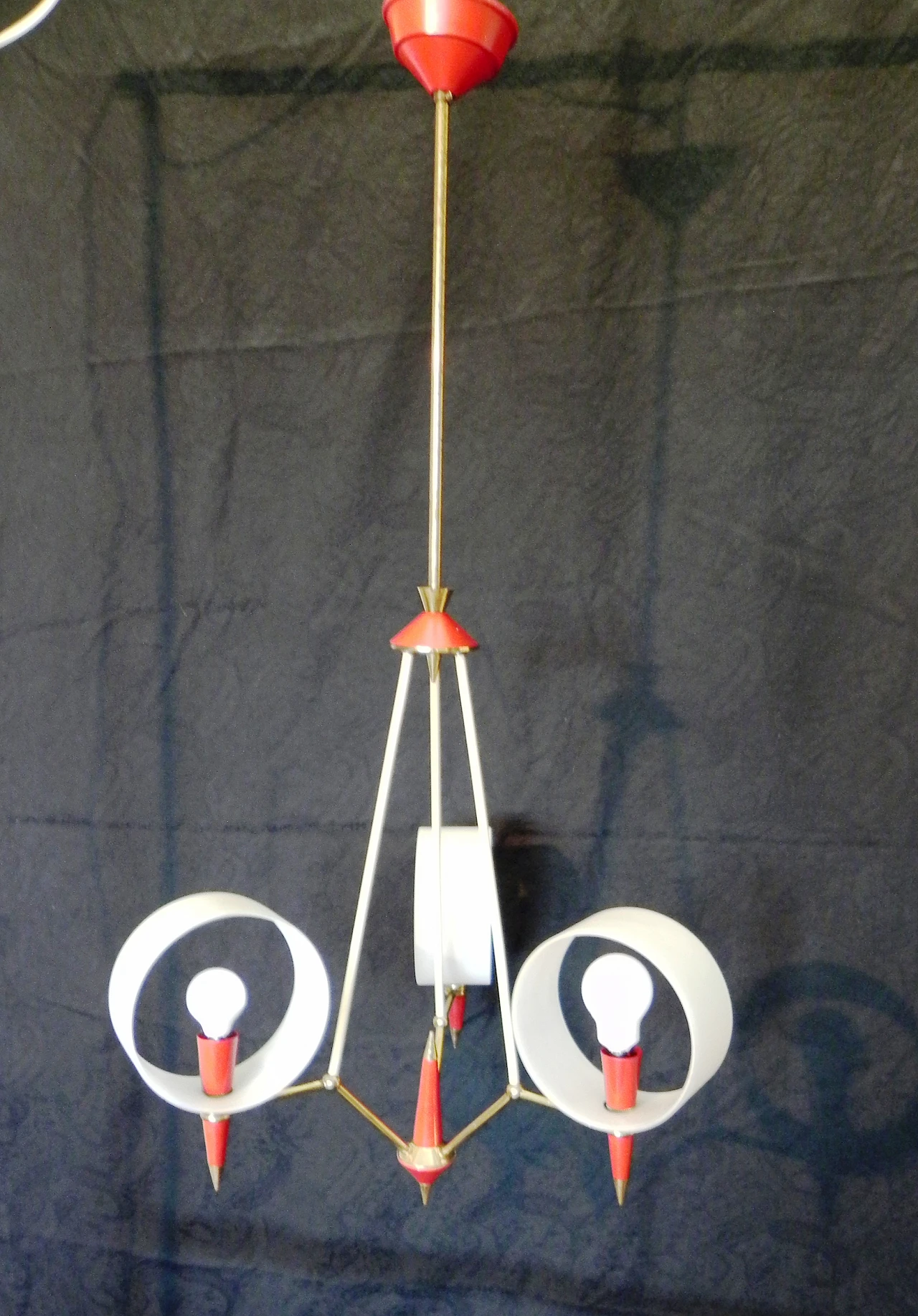 Space Age brass, red plastic and glass chandelier, 1970s 8
