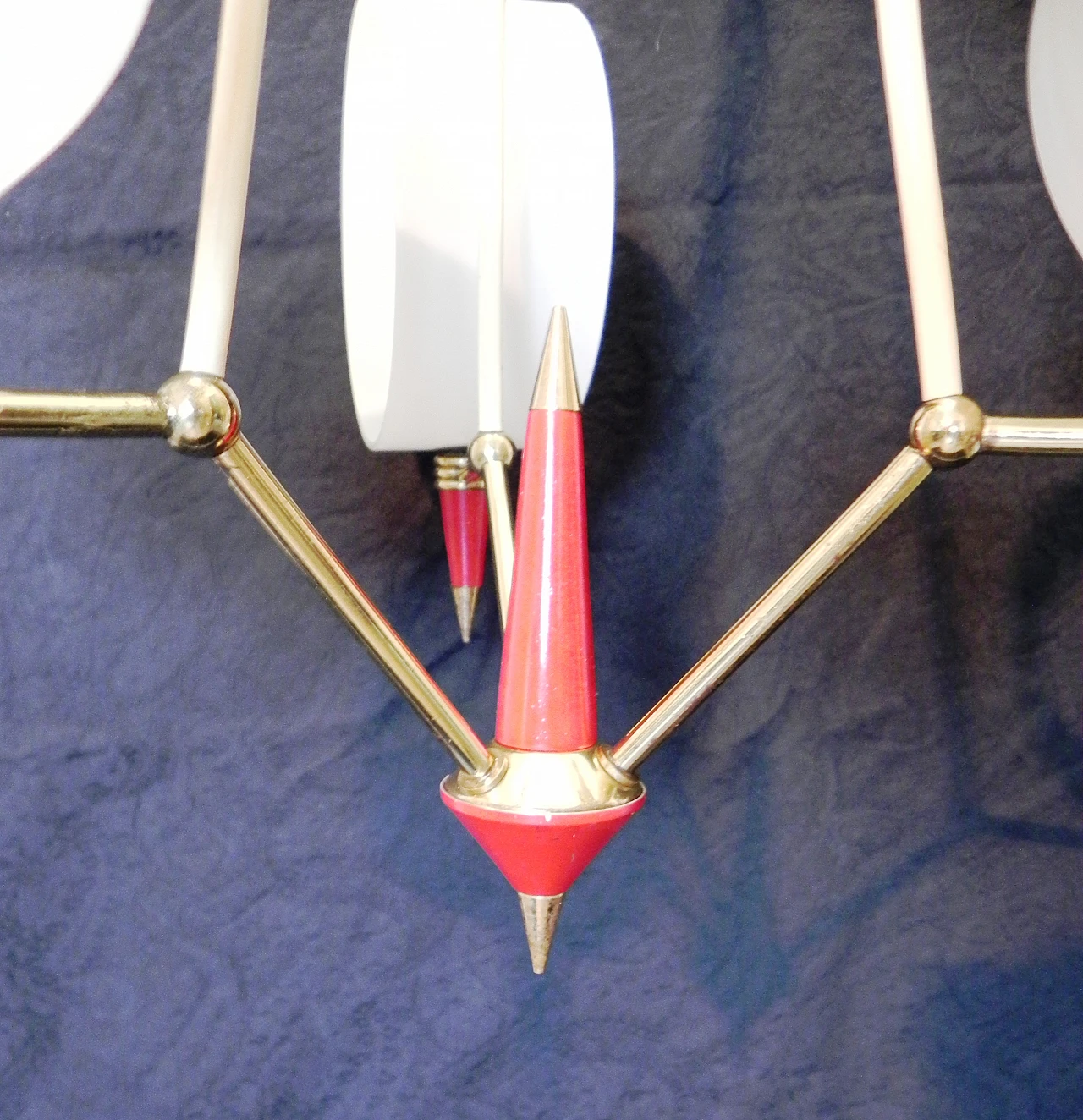Space Age brass, red plastic and glass chandelier, 1970s 10