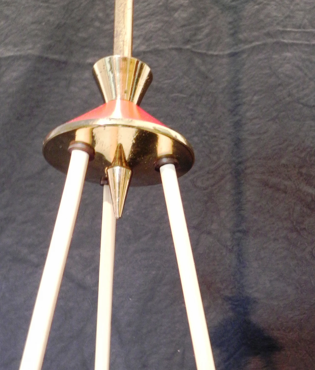 Space Age brass, red plastic and glass chandelier, 1970s 11