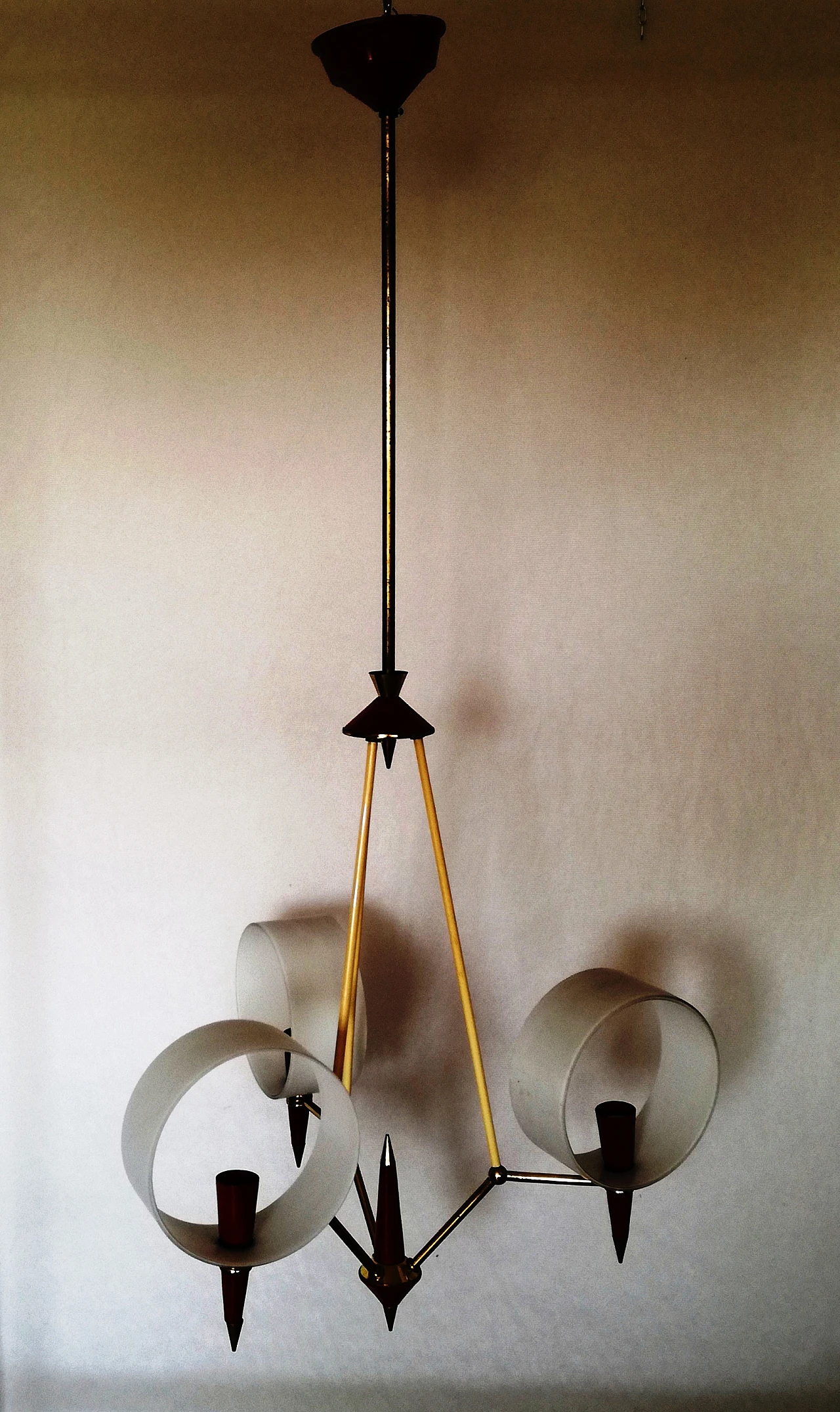 Space Age brass, red plastic and glass chandelier, 1970s 16