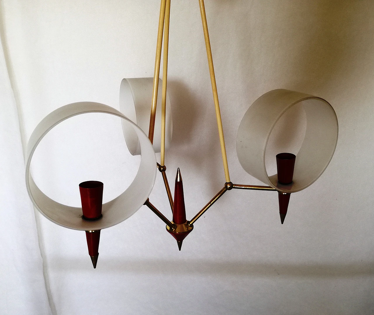 Space Age brass, red plastic and glass chandelier, 1970s 17