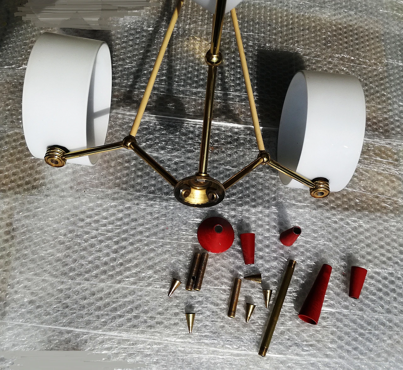 Space Age brass, red plastic and glass chandelier, 1970s 18