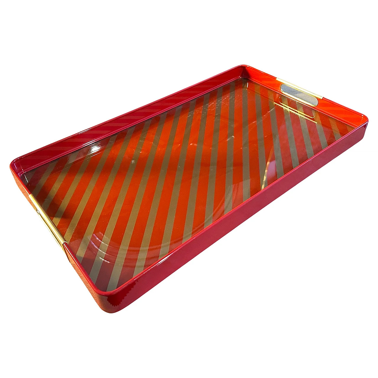 Rectangular metal tray painted gold and red, 1960s 1