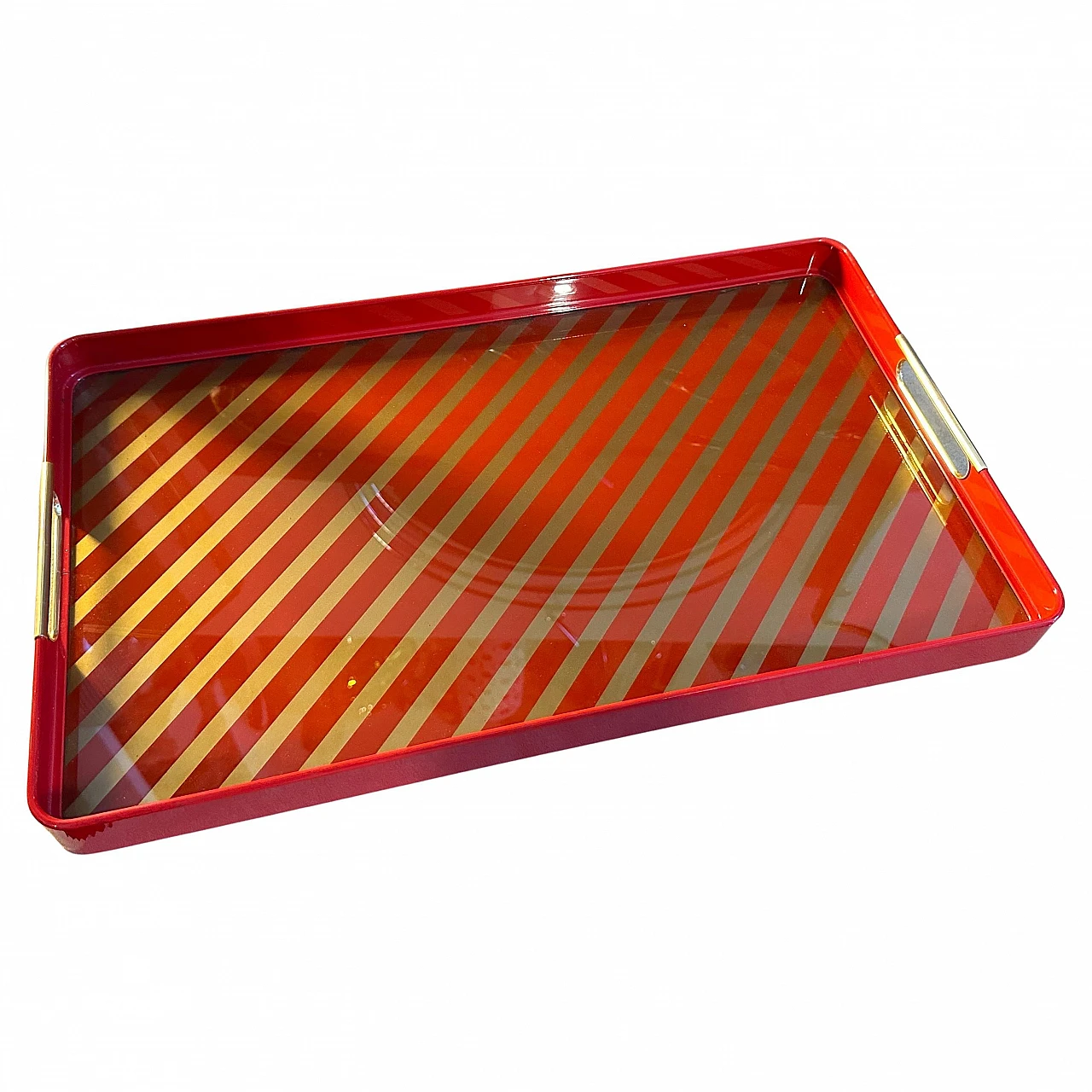 Rectangular metal tray painted gold and red, 1960s 2