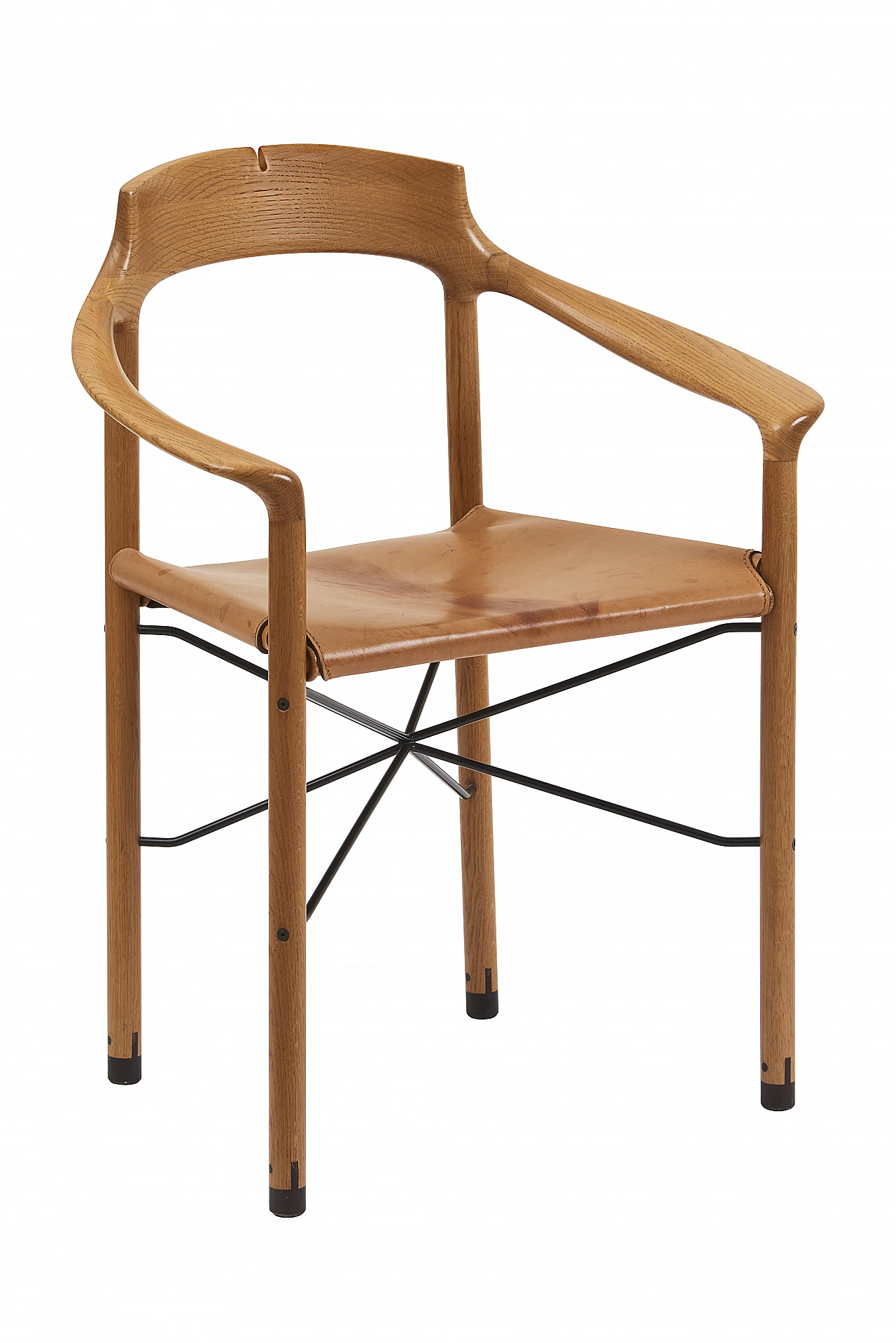 Coppia di poltroncine in rovere e cuoio, anni '90 2