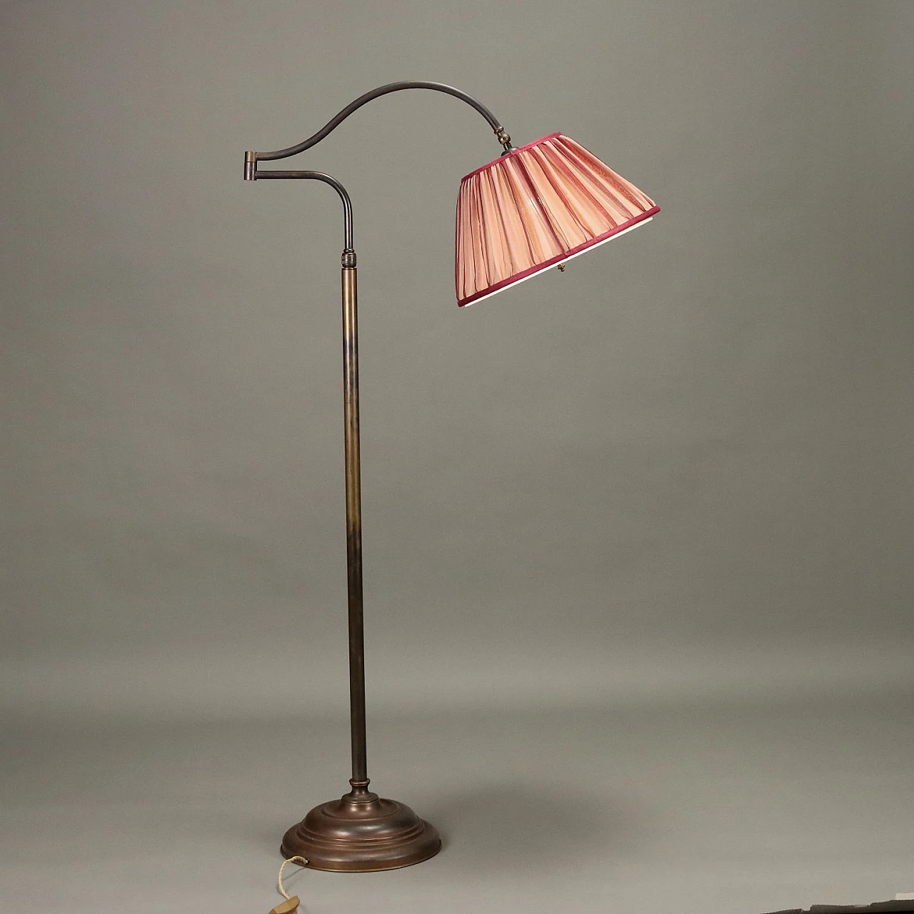 Adjustable brass floor lamp with pink fabric lampshade, 1950s 1