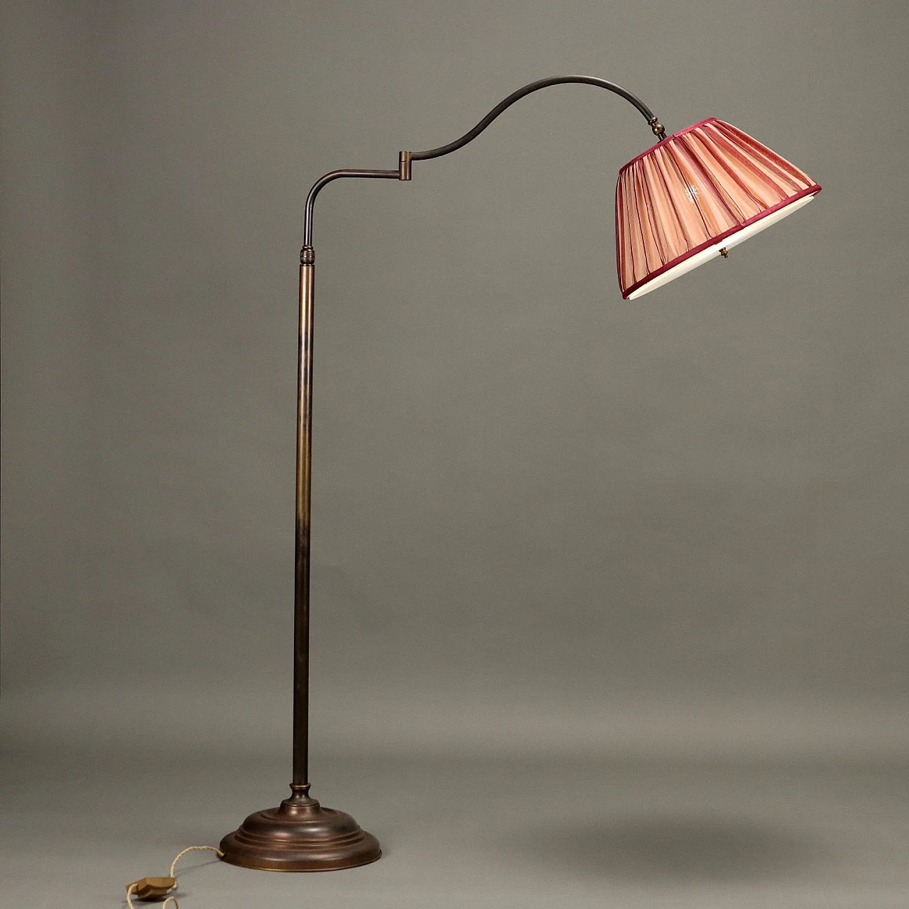 Adjustable brass floor lamp with pink fabric lampshade, 1950s 4