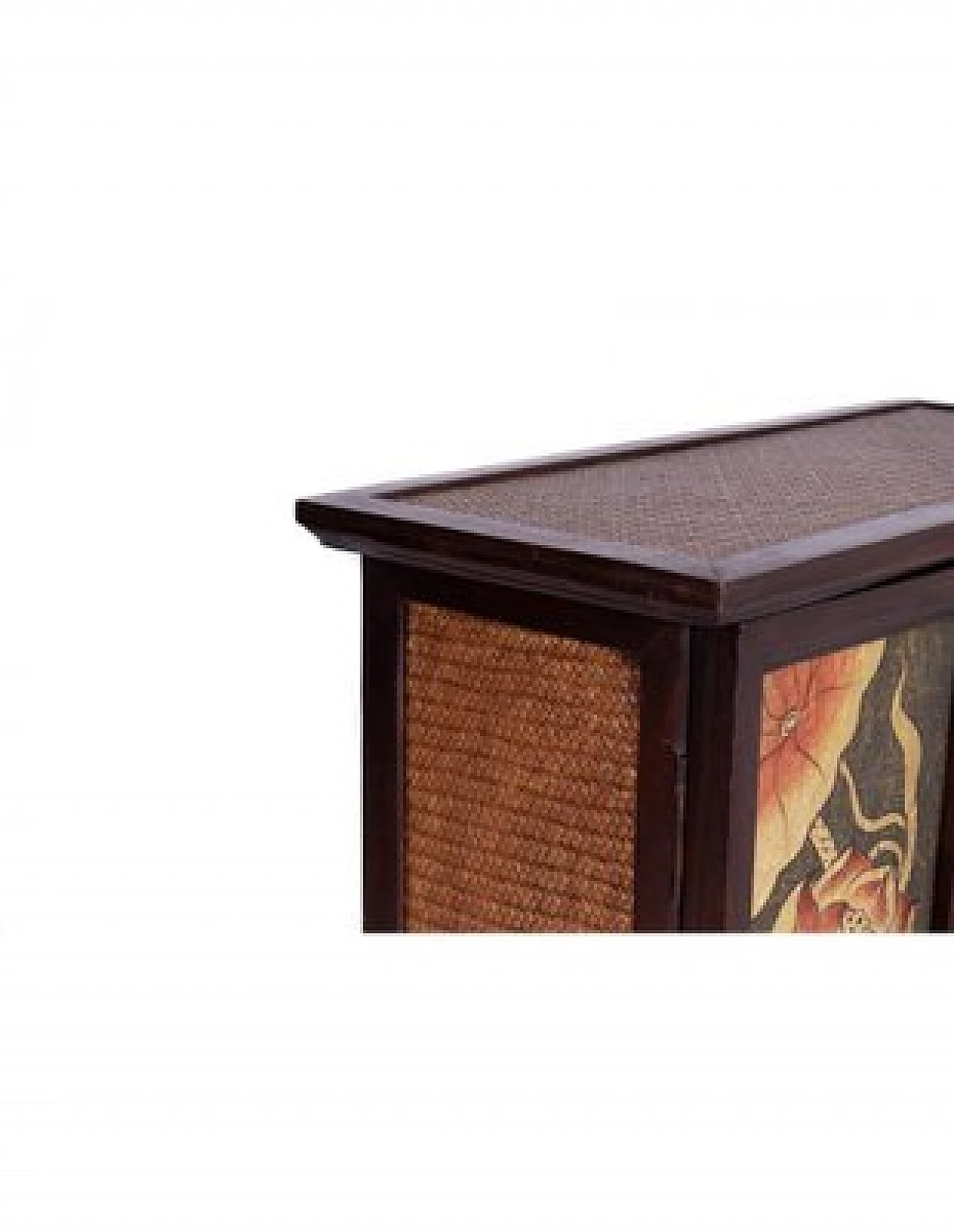 Mobile in legno di acacia e vimini con decorazioni dipinte, metà '900 2