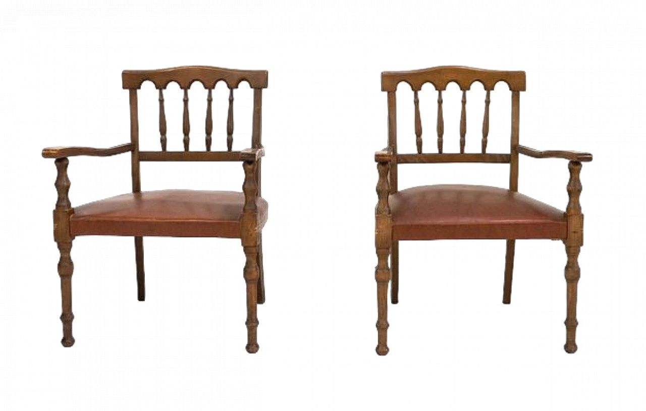 Pair of brown leatherette and wood armchairs, 1970s 8